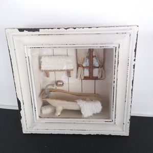 Vintage Bathroom Scene Wall Hanging Shadow Box Wooden Frame w/ Glass. 9" X 9".